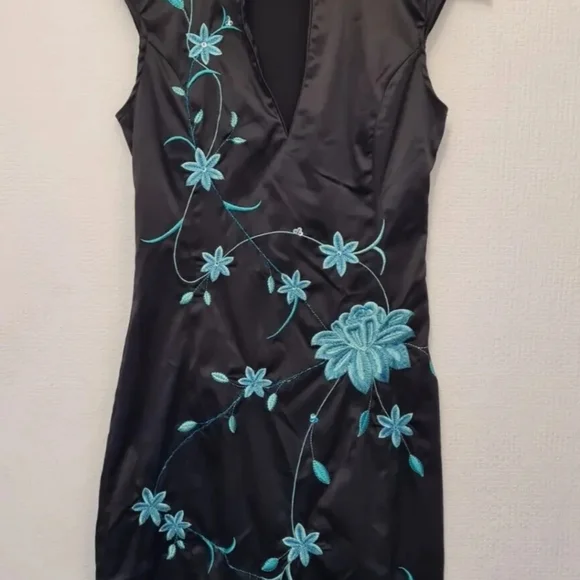 Y2K Jane Norman black satin oriental dress size 10 pencil wiggle vintage floral - Picture 5 of 12